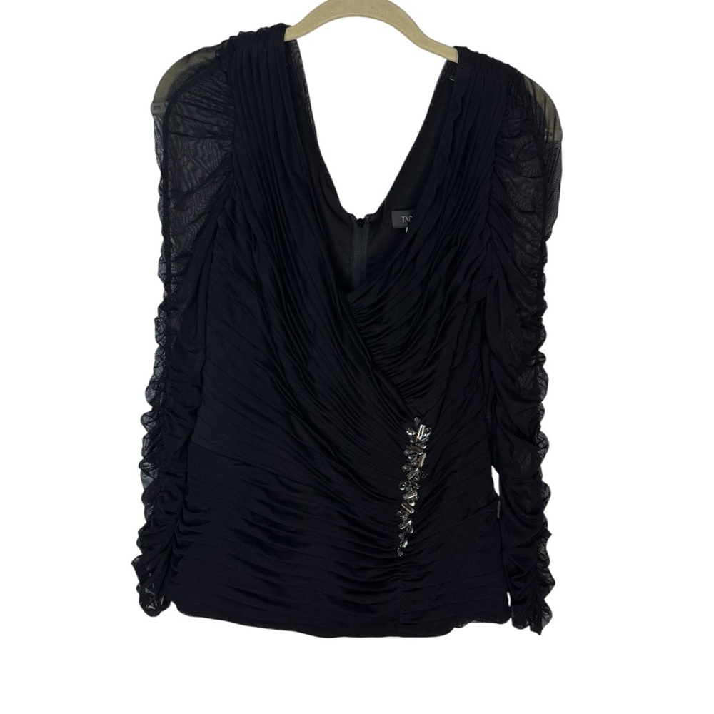 ✨ Tadashi Shoji Black Ruched Mesh Pleated Rhinestone Long Sleeve Top S ✨